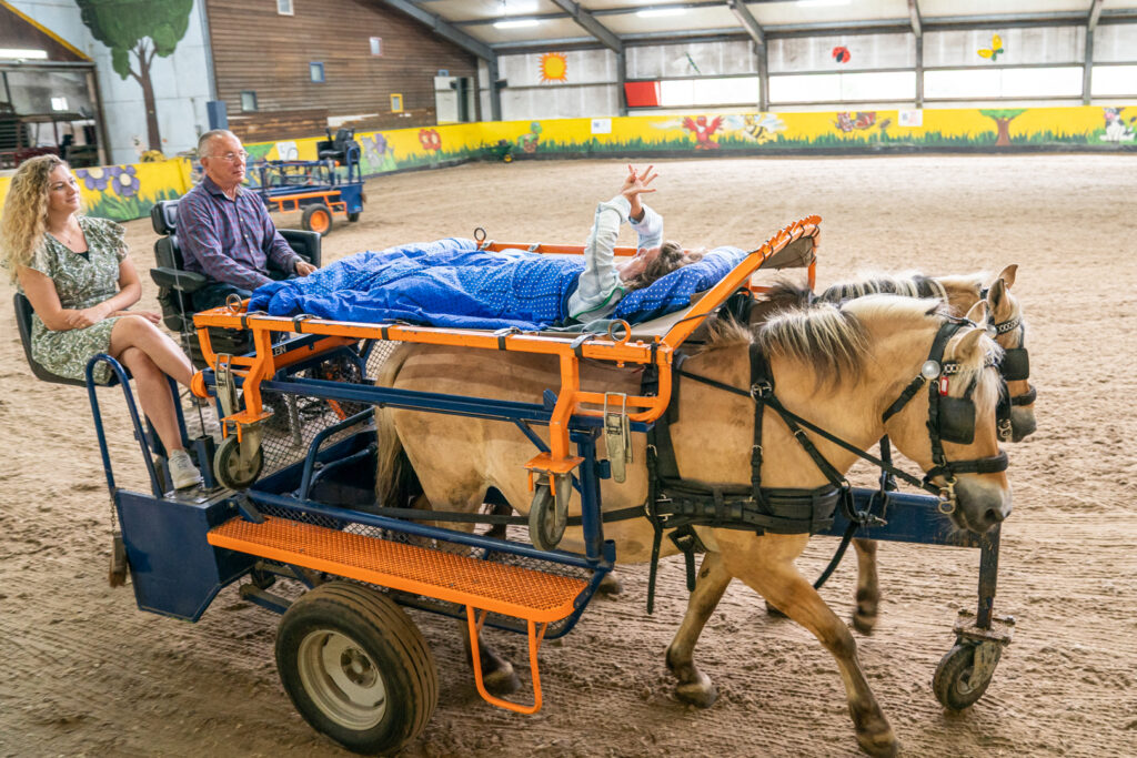 Therapeutisch paardrijden op een huifbed met twee paarden,
